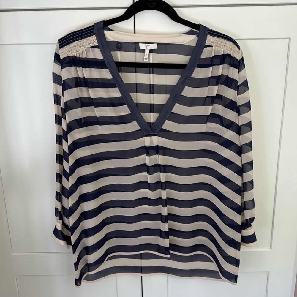 Joie Navy Blue Striped Nautical Long Sleeve Blouse Sheer Silk